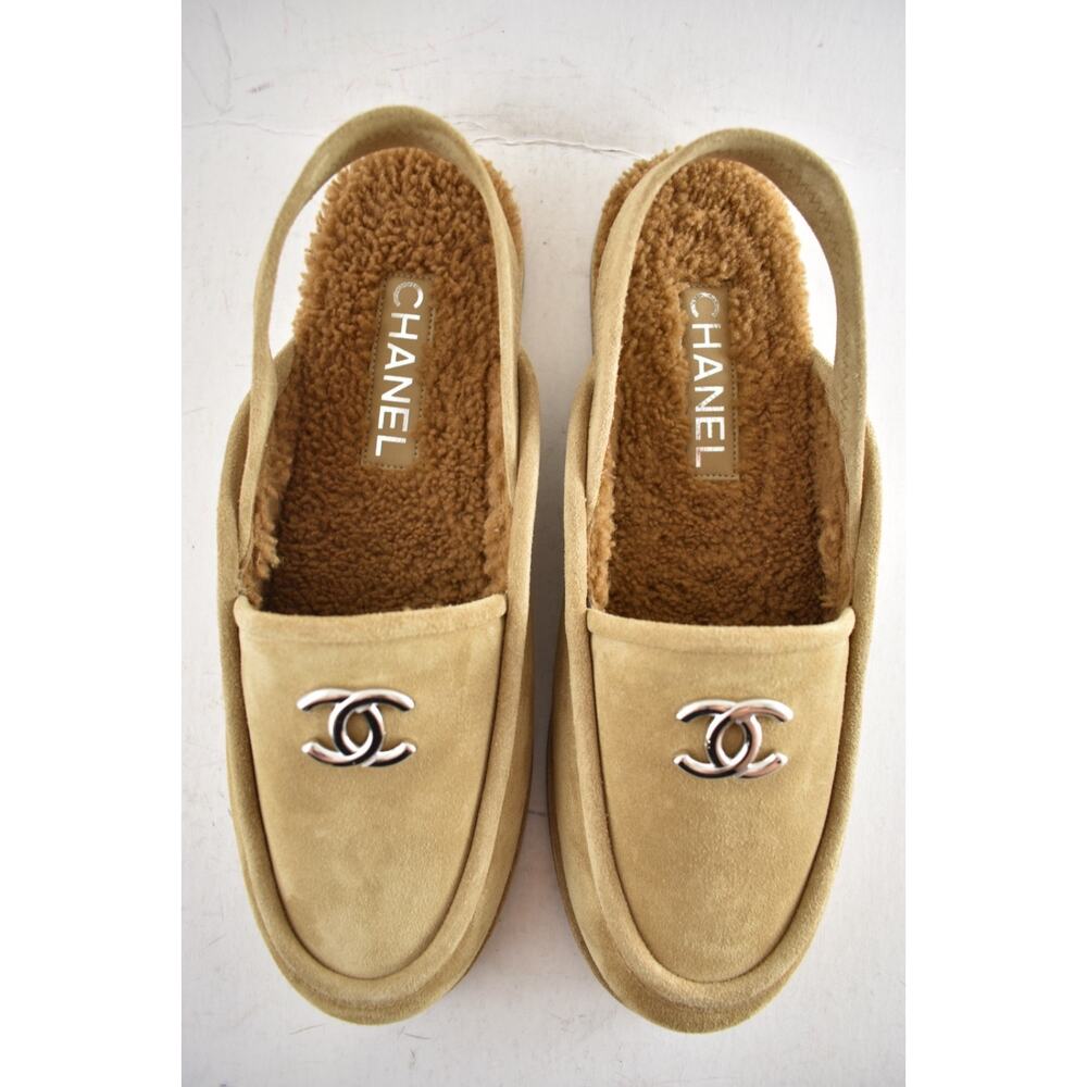 Chanel Dark Beige Suede Shearling CC Moccasin Ballet Slingback Loafer Flat 40 - Picture 13 of 16